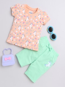 BUMZEE Mint Green & Peach Girls Cap Sleeves T-Shirt & Capri Set