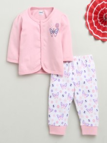 BUMZEE Pink & White Baby Girls Full Sleeves Jabla & Pyjama Set