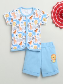BUMZEE White & Blue Baby Boys Half Sleeves Jabla & Short Set
