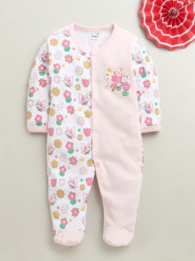 BUMZEE Pink & White Baby Girls Full Sleeves Cotton Sleepsuit