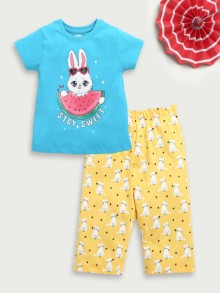 BUMZEE Blue & Yellow Girls Half Sleeves T-Shirt & Capri Set