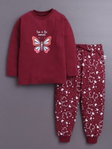 BUMZEE Wine Girls Full Sleeves Cotton T-Shirt & Pyjama Set