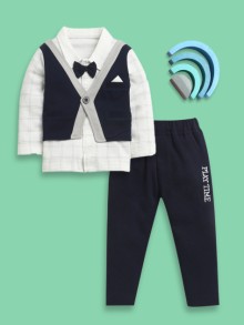 BUMZEE Navy & White Boys Full Sleeves Cotton Formal Set With Attached Waistcoat