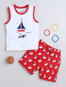 BUMZEE Red & White Boys Sleeveless T-Shirt & Short Set