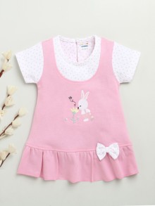 BUMZEE Pink & White Girls Half Sleeves Cotton Knee Length Frock