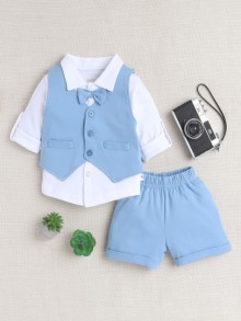 BUMZEE Powder Blue & White Boys Full Sleeves Shirt Waistcoat & Short Set With Applique Bow
