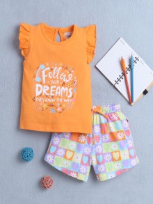 BUMZEE Orange & Multi Girls Sleeveless T-Shirt & Short Set