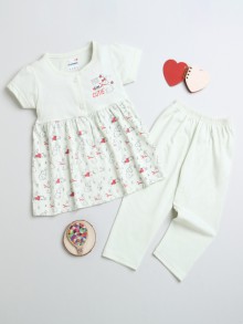 BUMZEE Light Olive Girls Cap Sleeves Cotton Frock & Legging Set