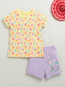 BUMZEE Yellow & Lavender Girls Half Sleeves T-Shirt & Short Set