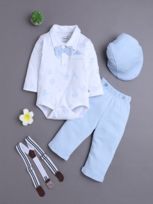 BUMZEE Powder Blue & White Boys Full Sleeves Bodysuit Pant Set With Suspender & Cap