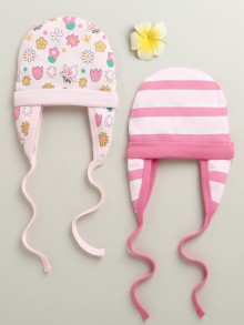 BUMZEE Pink & Peach Girls Cotton Pack Of 2 Cap With Ear Flap
