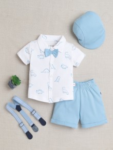 BUMZEE White & Sky Blue Boys Half Sleeves Shirt & Short Set With Bow Suspender & Cap