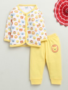 BUMZEE White & Yellow Baby Boys Full Sleeves Jabla & Pyjama Set