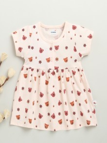 BUMZEE Peach Girls Cap Sleeves Cotton Knee Length Frock
