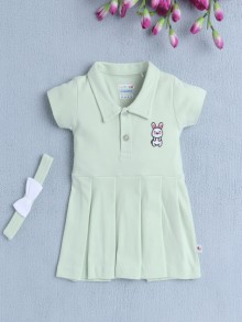 BUMZEE Pista Green Girls Half Sleeves Cotton Frock With Headband