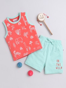 BUMZEE Coral & Mint Green Boys Sleeveless T-Shirt & Short Set