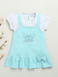BUMZEE Aqua & White Girls Half Sleeves Cotton Knee Length Frock