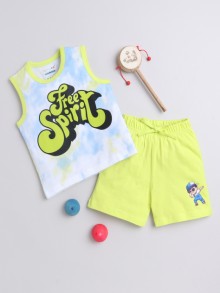 BUMZEE Green & White Boys Sleeveless T-Shirt & Short Set