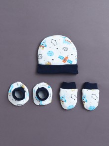 BUMZEE White & Navy Boys Cotton Cap Mitten Bootie Set