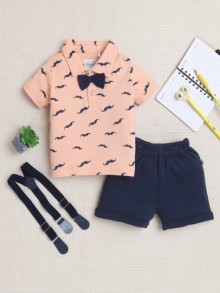 BUMZEE Peach & Navy Boys Half Sleeves T-shirt & Short Set With Bow Suspender