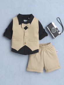 BUMZEE Black & Beige Boys Full Sleeves Shirt Waistcoat & Short Set With Applique Bow