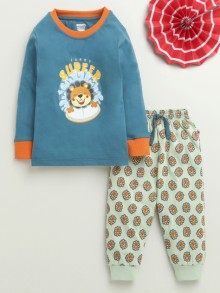 BUMZEE Teal & Olive Boys Full Sleeves Cotton T-Shirt & Pyjama Set
