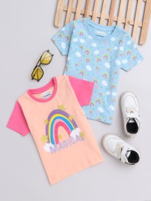 BUMZEE Powder Blue & Peach Girls Half Sleeves T-Shirts Pack Of 2