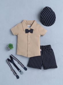 BUMZEE Beige & Navy Boys Half Sleeves Shirt & Short Set With Bow Suspender & Cap