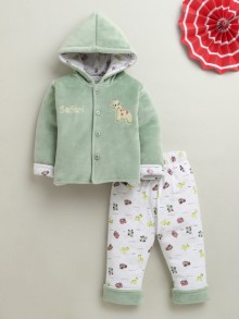 BUMZEE Green & White Boys Full Sleeves Cotton Blend Winter Wear Set