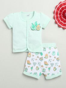 BUMZEE Mint Green & White Baby Girls Half Sleeves Jabla & Short Set