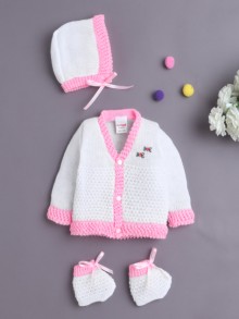BUMZEE White & Pink Baby Girls Full Sleeves Acrylic Blend Sweater With Cap & Socks