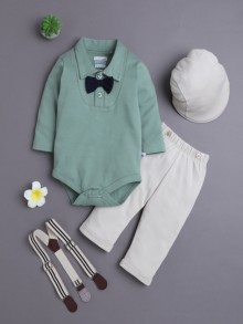 BUMZEE Beige & Green Boys Full Sleeves Bodysuit Pant Set With Suspender & Cap