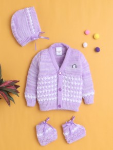 BUMZEE Lavender Baby Girls Full Sleeves Acrylic Blend Sweater With Cap & Socks