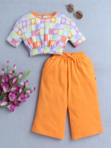 BUMZEE Multi & Orange Girls Half Sleeves T-Shirt & Culotte Set