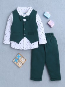 BUMZEE Green & White Boys Full Sleeves Shirt Waistcoat & Pant Set With Applique Bow
