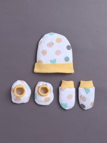 BUMZEE White & Yellow Boys Cotton Cap Mitten Bootie Set