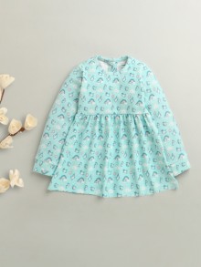 BUMZEE Aqua Blue Girls Full Sleeves Poly Blend Frock Dress