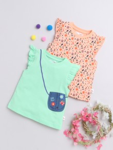 BUMZEE Green & Peach Girls Sleeveless T-Shirts Pack Of 2