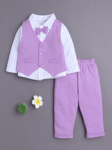 BUMZEE Lilac & White Boys Full Sleeves Shirt Waistcoat & Pant Set With Applique Bow