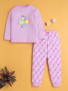BUMZEE Lilac Girls Full Sleeves Cotton T-Shirt & Pyjama Set