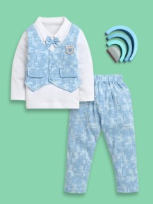 BUMZEE Sky Blue & White Boys Full Sleeves Cotton Formal Set With Attached Waistcoat