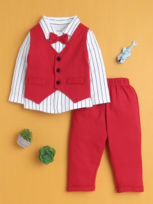 BUMZEE Red & White Boys Full Sleeves Shirt Waistcoat & Pant Set With Applique Bow