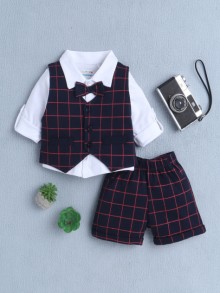 BUMZEE White & Navy Boys Full Sleeves Shirt Waistcoat & Short Set With Applique Bow