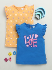 BUMZEE Royal Blue & Orange Girls Cap Sleeves Cotton T-Shirts Pack Of 2