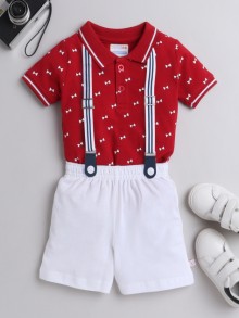 BUMZEE Red & White Boys Half Sleeves T-shirt & Short Set With Suspender