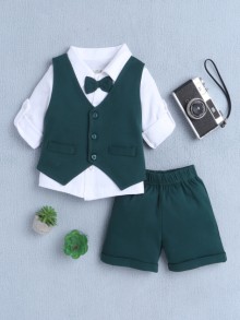 BUMZEE White & Green Boys Full Sleeves Shirt Waistcoat & Short Set With Applique Bow